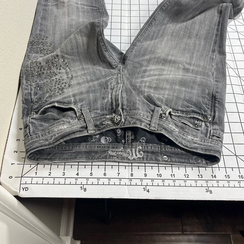 Miss Me‎ Skull Rhinestone Denim Jeans Grey Gray Halloween Rocker 27 Bling
